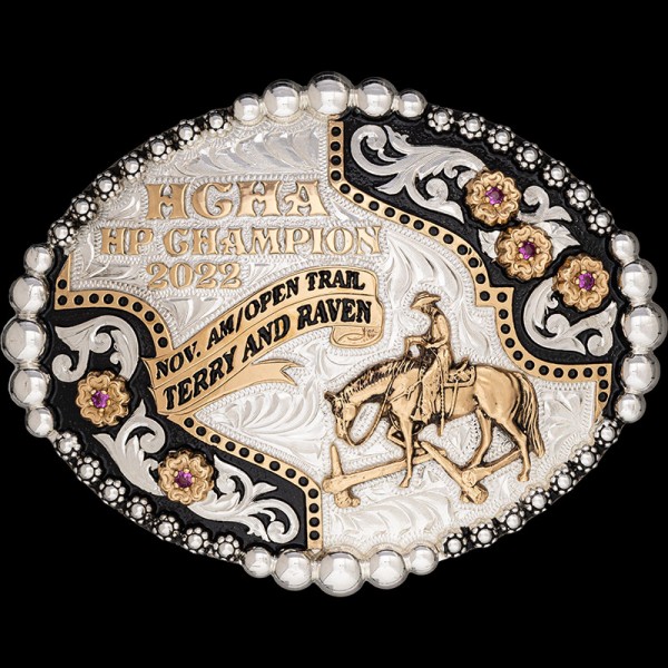 The Sunrise Custom Belt Buckle is a  silver plated buckle featuring a graduated bead edge, silver and bronze florals and black enamel. Customize it with your rodeo or western figure now!